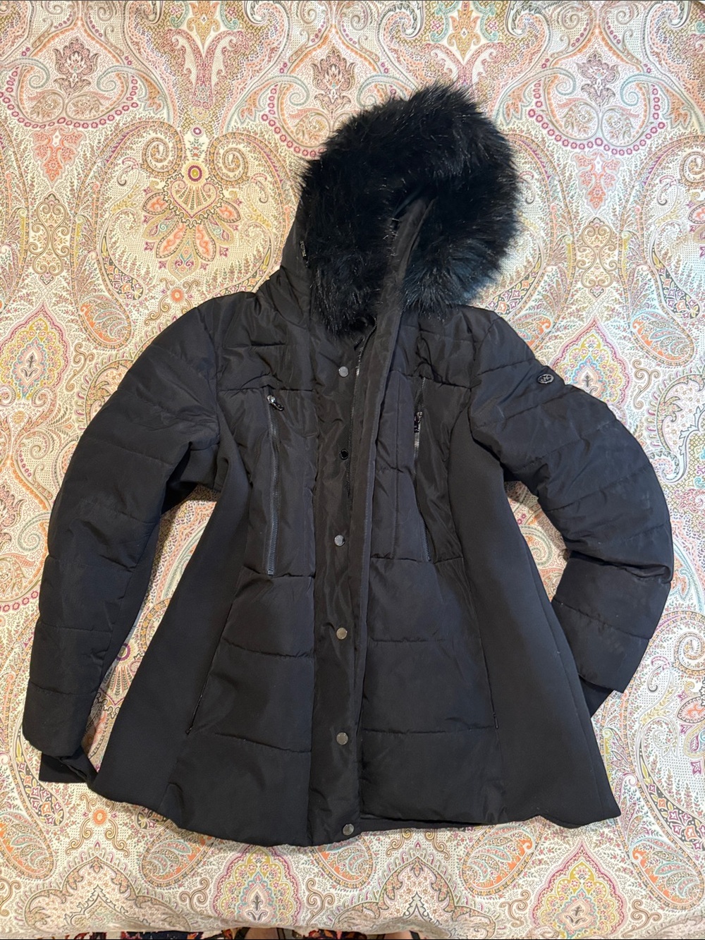 Michael Kors Black Women's Hooded Winter Coat with Faux Fur Trim